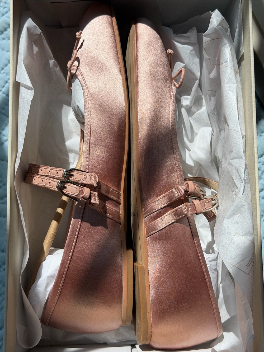Dolce Vita Rose Gold Satin Mary Jane Flats with Bow - Picture 2 of 5